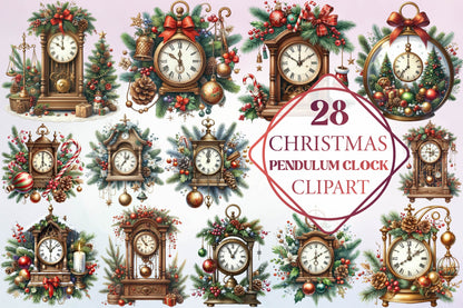 28 Christmas Pendulum Clock Clipart Bundle
