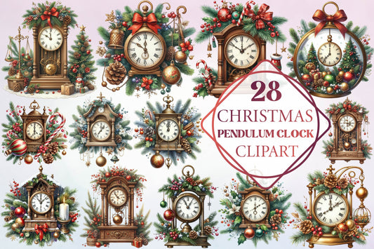 28 Christmas Pendulum Clock Clipart Bundle