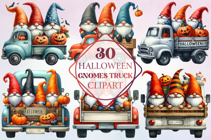 30 Halloween Gnomes Truck Clipart Bundle PNG, Cute Gnome Pumpkin Truck Sublimation Designs