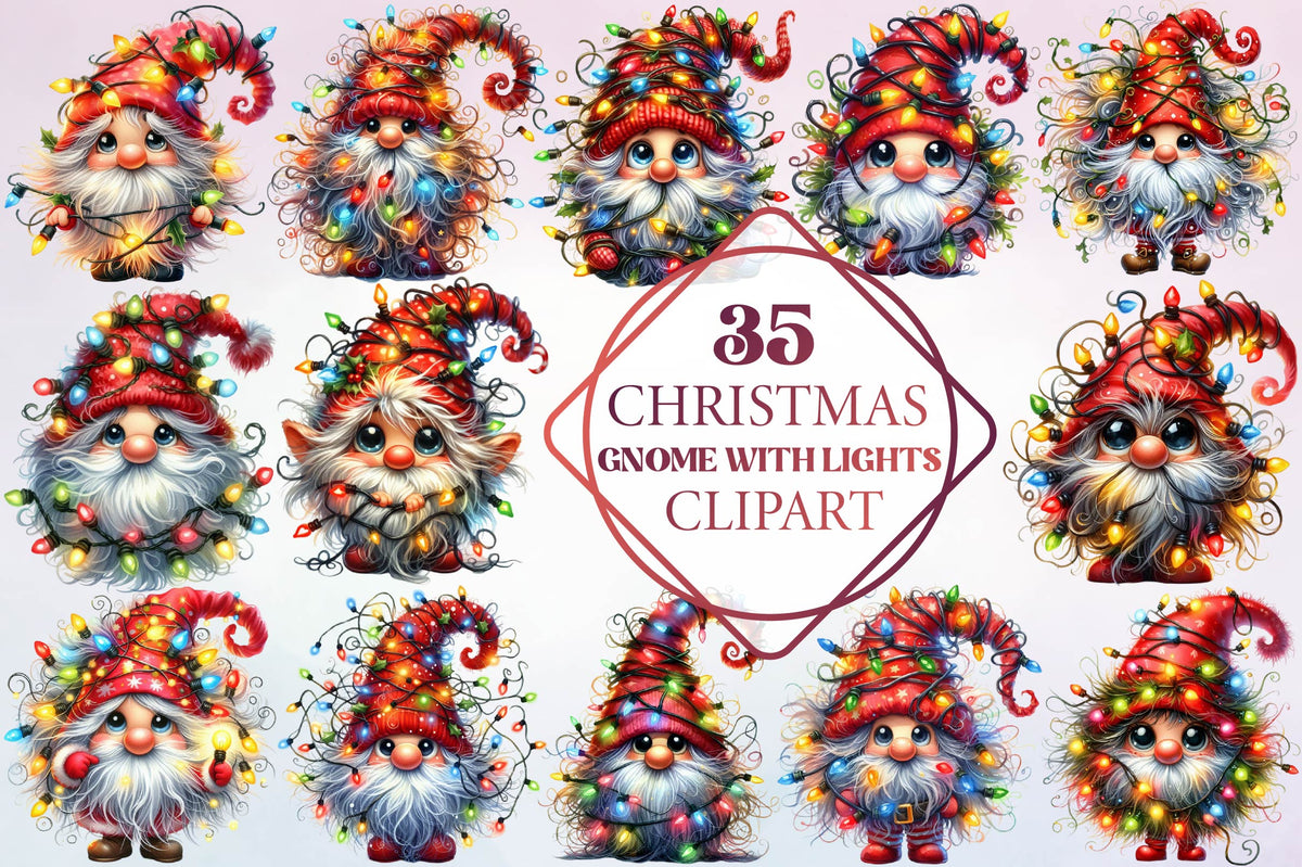 35 Christmas Gnome With Lights Clipart Bundle