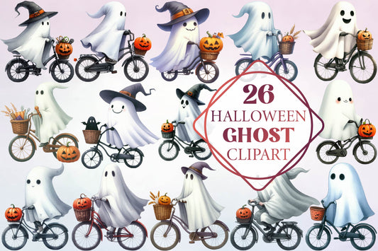 26 Halloween Ghost Bicycle Clipart PNG Bundle