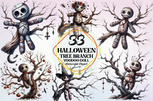33 Halloween Voodoo Doll Tree Branch Clipart PNG Bundle