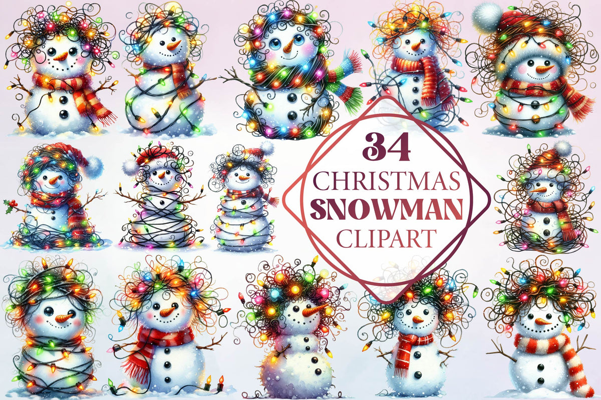 34 Christmas Snowman With Lights Clipart Bundle