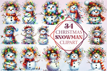 34 Christmas Snowman With Lights Clipart Bundle