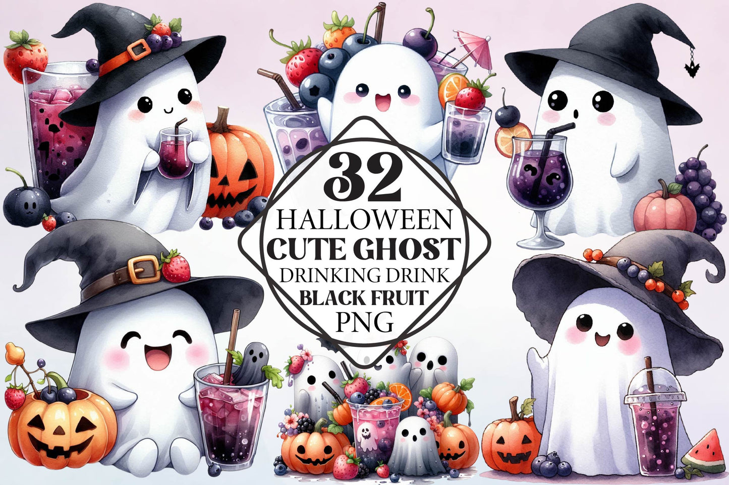 Halloween Cute Ghost Drinking Black Fruit PNG Bundle