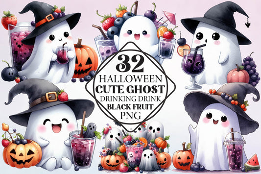 Halloween Cute Ghost Drinking Black Fruit PNG Bundle