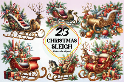 Christmas Sleigh Watercolor Clipart PNG Bundle