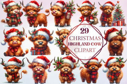 29 Christmas Highland Cow Clipart Bundle