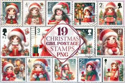 Christmas Girl Postage Stamp Clipart Bundle 19 Holiday PNG Designs
