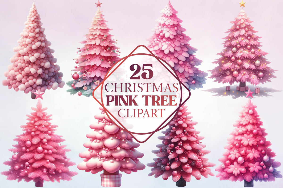 25 Christmas Pink Tree Clipart Bundle