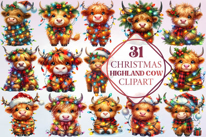 31 Christmas Highland Cow Clipart Bundle