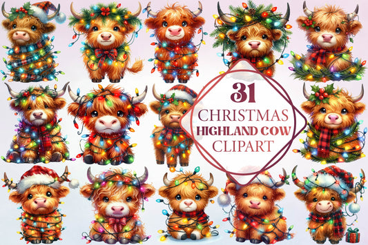 31 Christmas Highland Cow Clipart Bundle