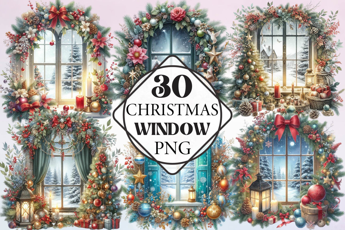 Christmas Window Watercolor Clipart PNG Bundle