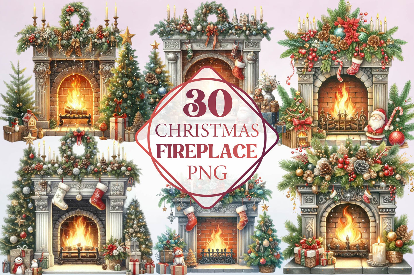 Christmas Fireplace Watercolor Clipart PNG Bundle