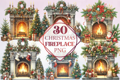 Christmas Fireplace Watercolor Clipart PNG Bundle