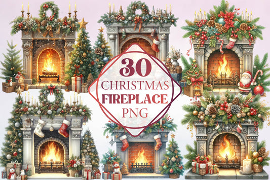 Christmas Fireplace Watercolor Clipart PNG Bundle