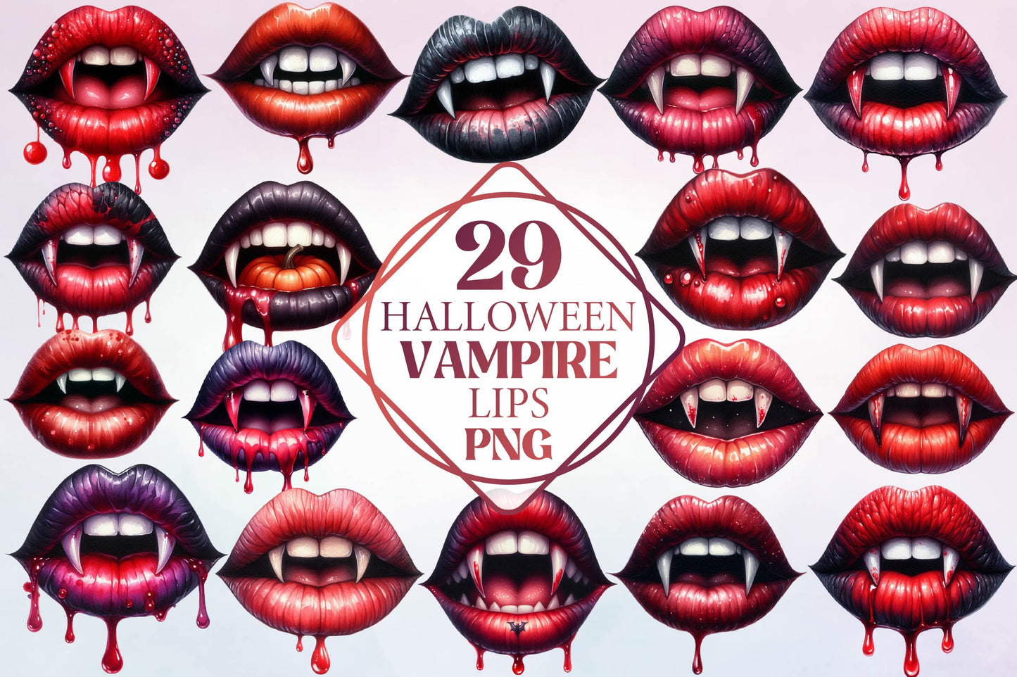 Halloween Vampire Lips Watercolor Clipart PNG Bundle