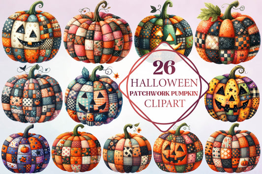 26 Halloween Patchwork Pumpkin Clipart PNG Bundle