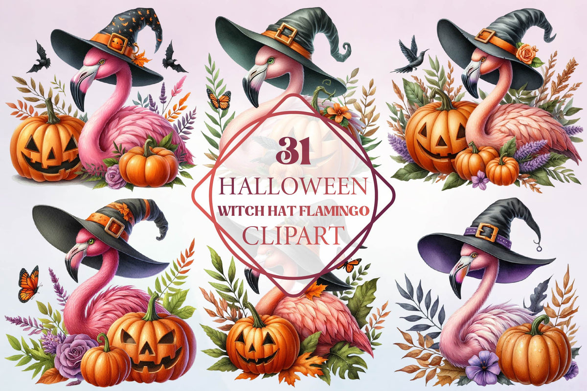31 Halloween Witch Hat Flamingo Clipart Bundle PNG, Cute Flamingo Pumpkin Sublimation Designs