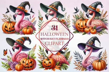 31 Halloween Witch Hat Flamingo Clipart Bundle PNG, Cute Flamingo Pumpkin Sublimation Designs