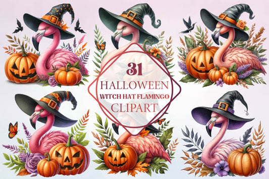 31 Halloween Witch Hat Flamingo Clipart Bundle PNG, Cute Flamingo Pumpkin Sublimation Designs
