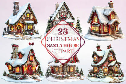 23 Christmas Santa House Clipart Bundle