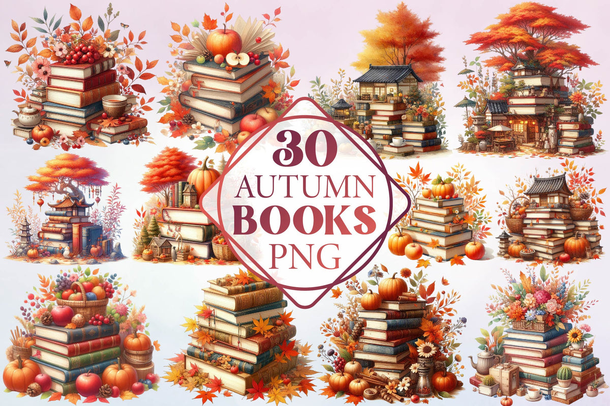 Autumn Books Watercolor Clipart PNG Bundle