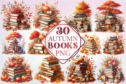 Autumn Books Watercolor Clipart PNG Bundle