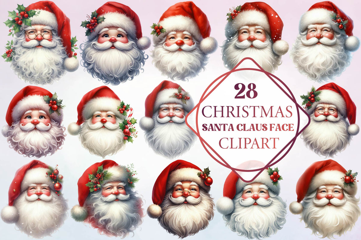 28 Christmas Santa Claus Face Clipart PNG Bundle
