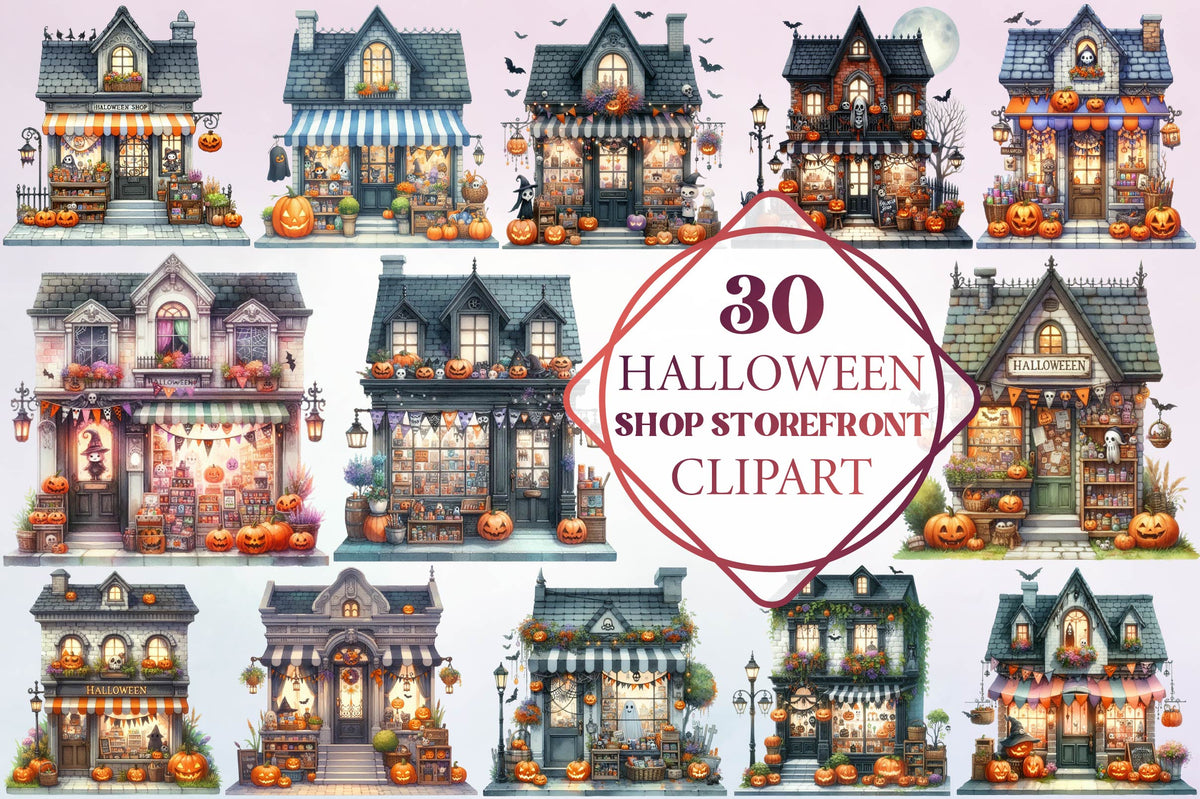 30 Halloween Shop Storefront Clipart PNG Bundle
