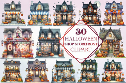 30 Halloween Shop Storefront Clipart PNG Bundle
