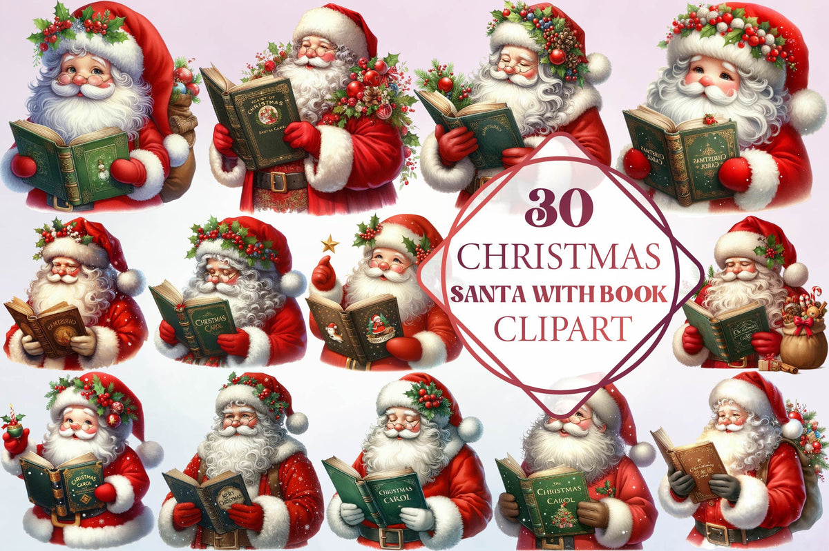 30 Christmas Santa Claus With Book Clipart PNG Bundle