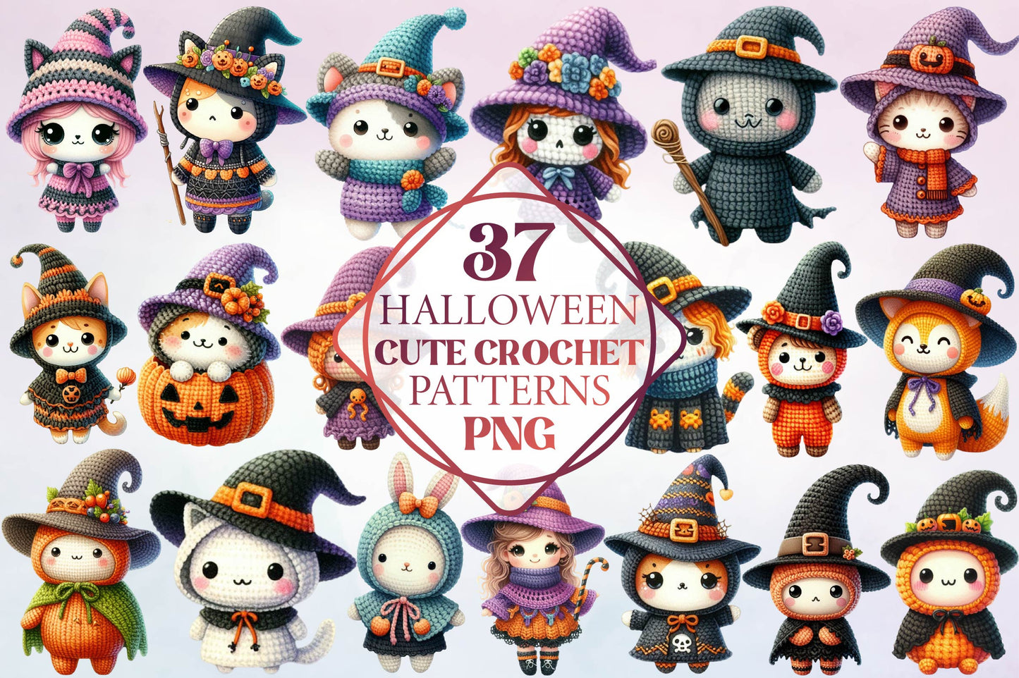 37 Halloween Cute Crochet Patterns PNG Clipart Bundle