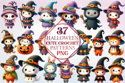 37 Halloween Cute Crochet Patterns PNG Clipart Bundle