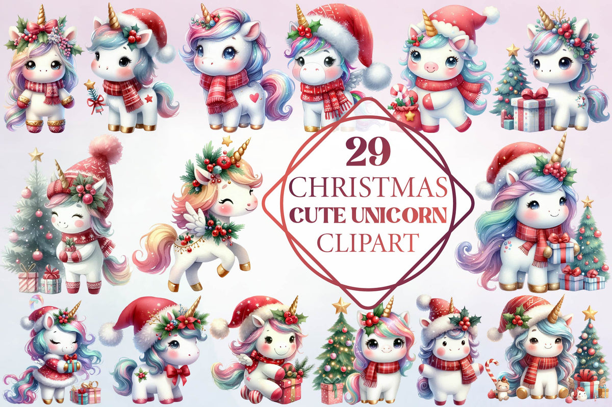 Christmas Cute Unicorn Clipart Bundle 29 Unicorn PNG Designs