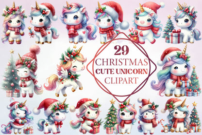 Christmas Cute Unicorn Clipart Bundle 29 Unicorn PNG Designs