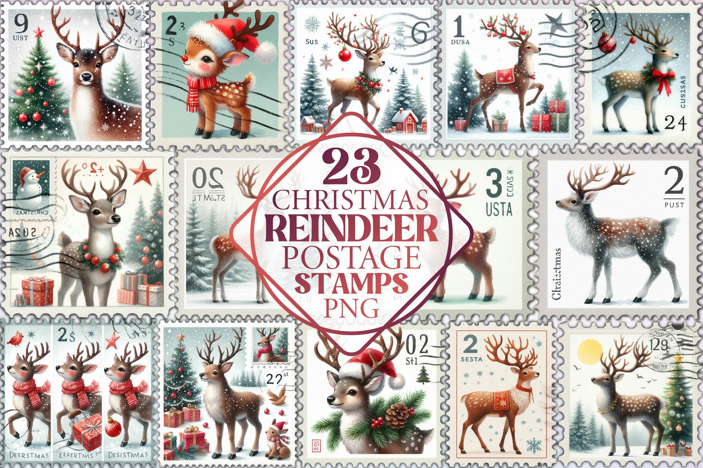 23 Christmas Reindeer Postage Stamp Clipart Bundle