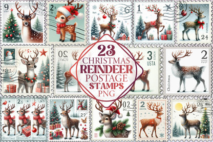23 Christmas Reindeer Postage Stamp Clipart Bundle