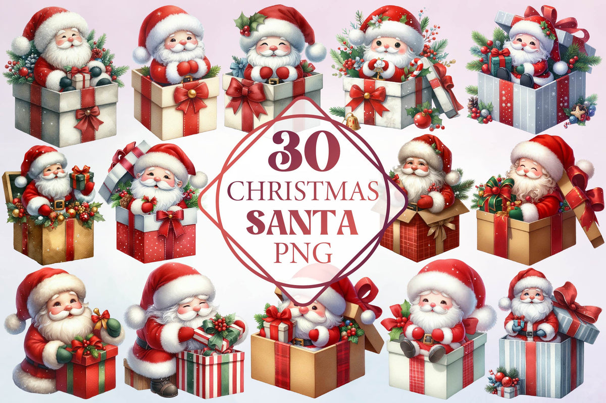 Christmas Santa Gift Box Watercolor PNG Bundle