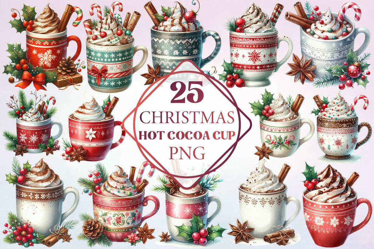 Christmas Hot Cocoa Cup PNG Clipart Bundle