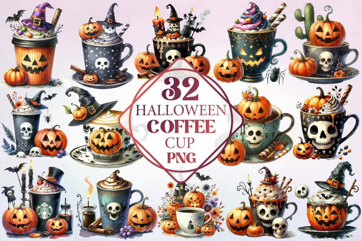 Halloween Coffee Cup Watercolor Clipart PNG Bundle