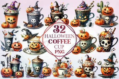 Halloween Coffee Cup Watercolor Clipart PNG Bundle