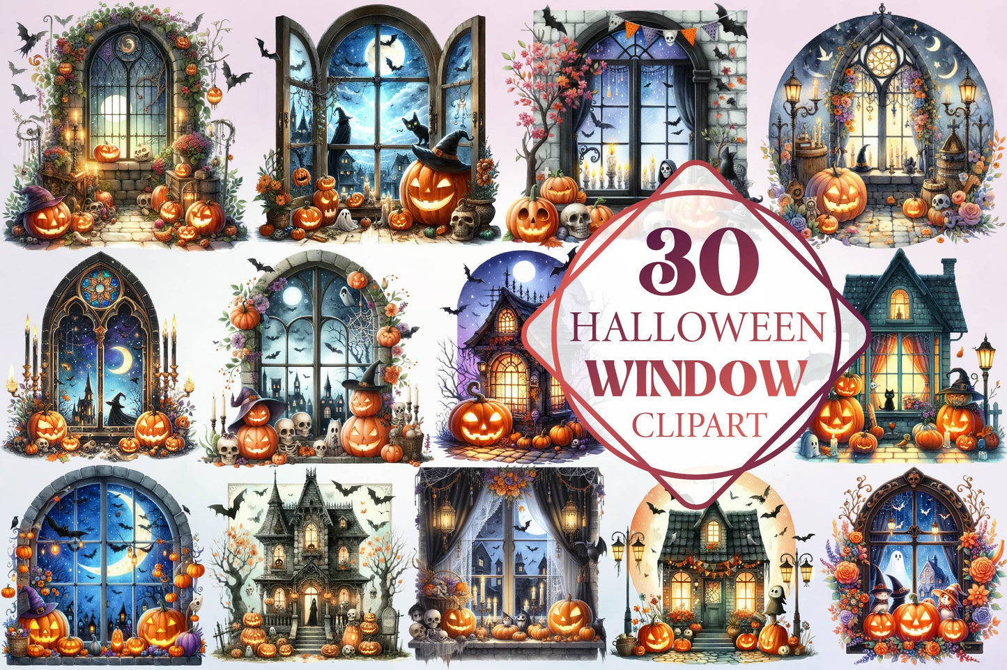 30 Halloween Window Clipart PNG Bundle