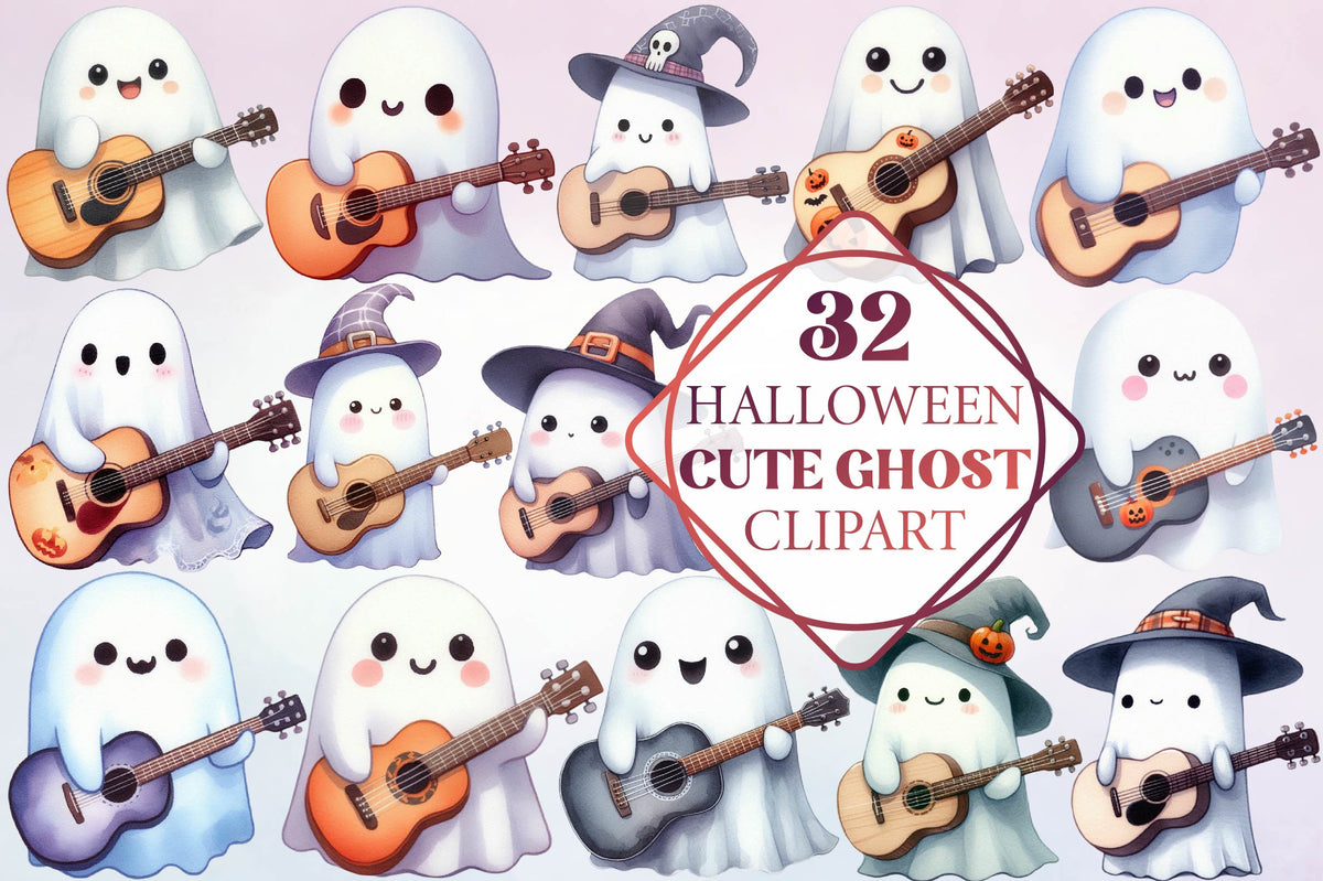 32 Halloween Cute Ghost Guitar Clipart PNG