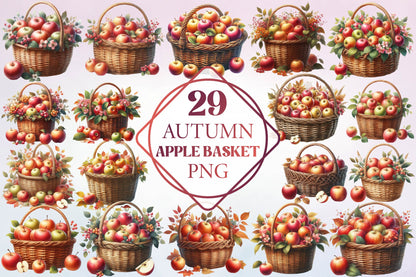Autumn Apple Basket Watercolor Clipart PNG Bundle