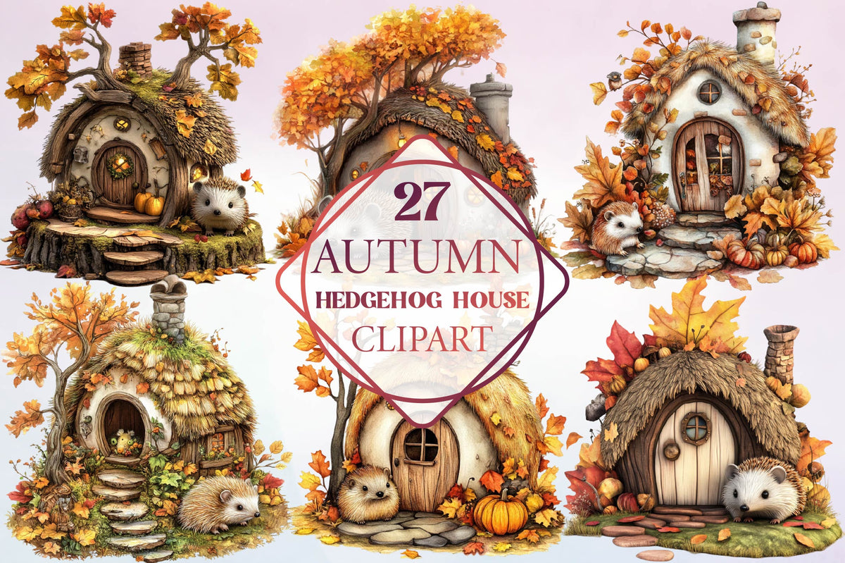 Autumn Hedgehog House Clipart Bundle 27 Cozy Fall Cottage Designs