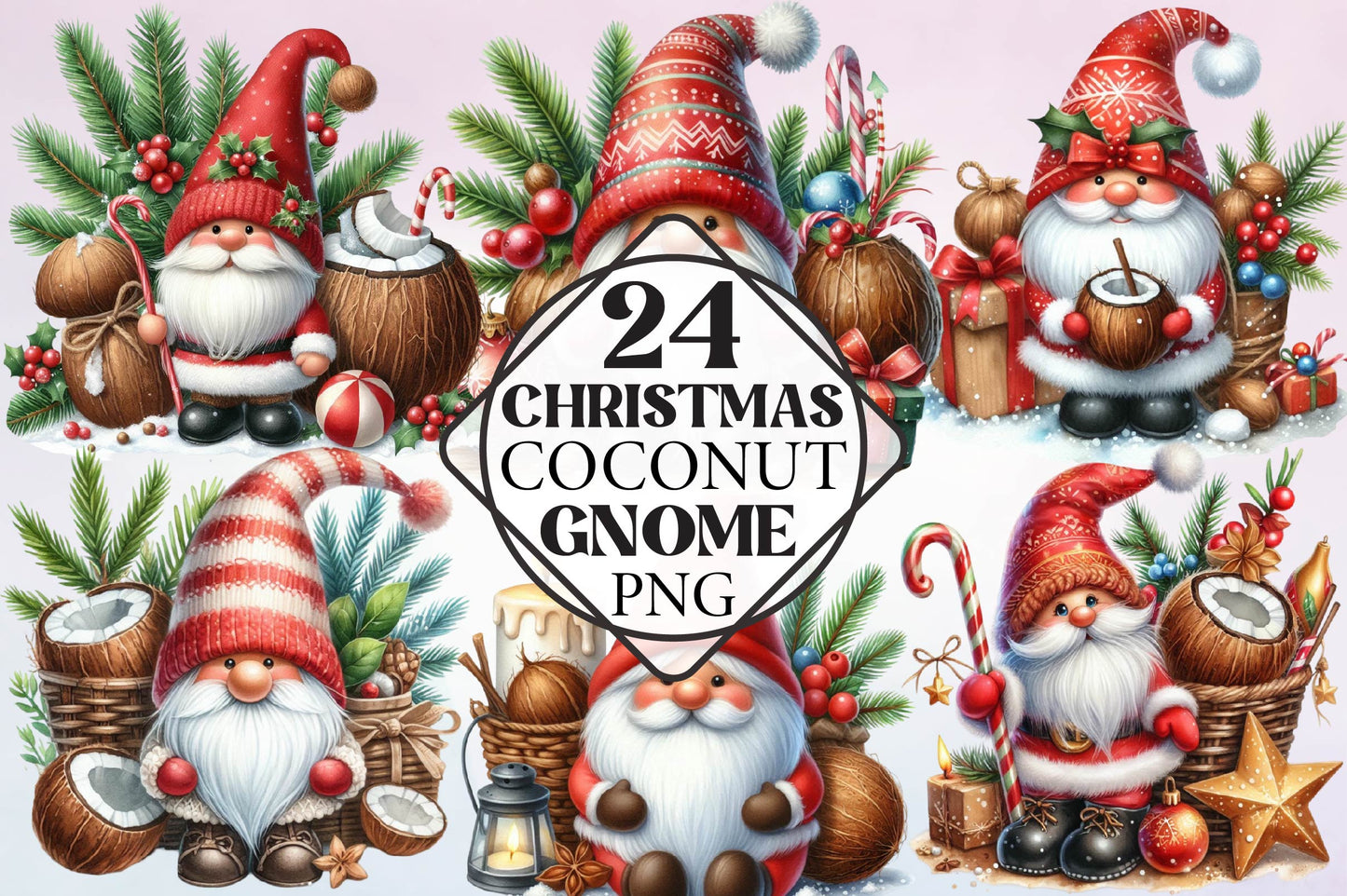Christmas Coconut Gnome Clipart Bundle 24 Holiday Gnome PNG Designs