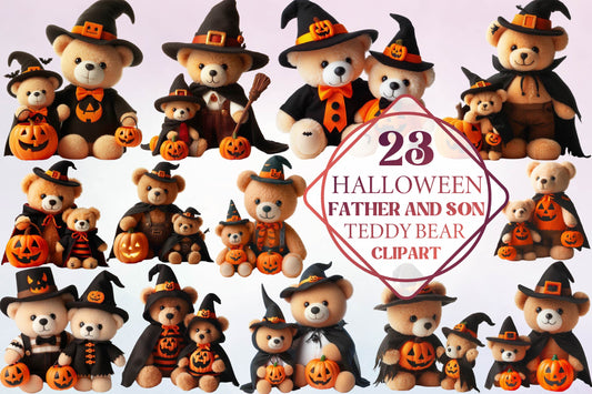 23 Halloween Father and Son Teddy Bear Clipart PNG Bundle