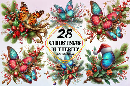 Christmas Butterfly Clipart Bundle 28 Colorful Holiday Butterfly PNG Designs