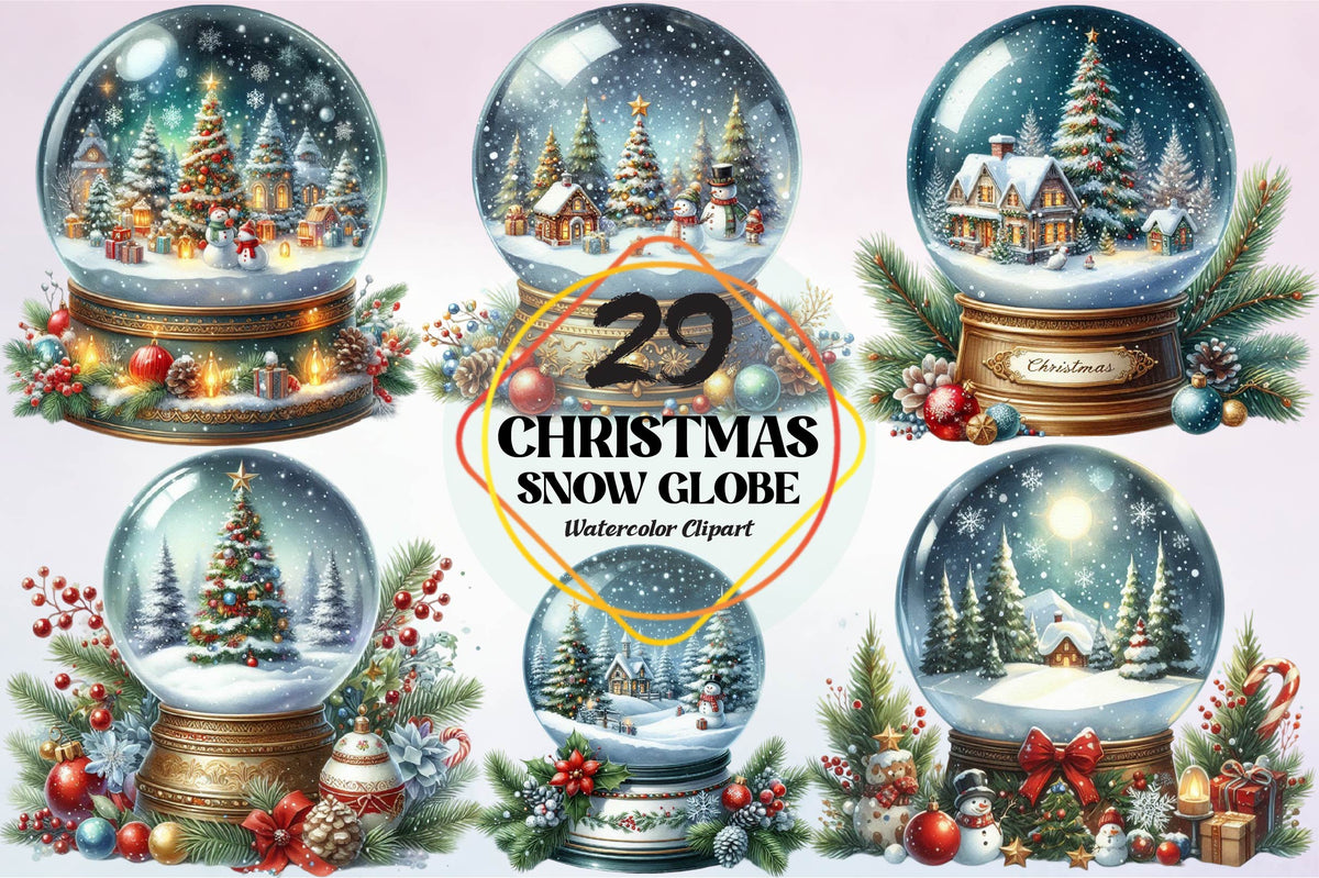 Christmas Snow Globe PNG Bundle 29 Winter Watercolor Designs